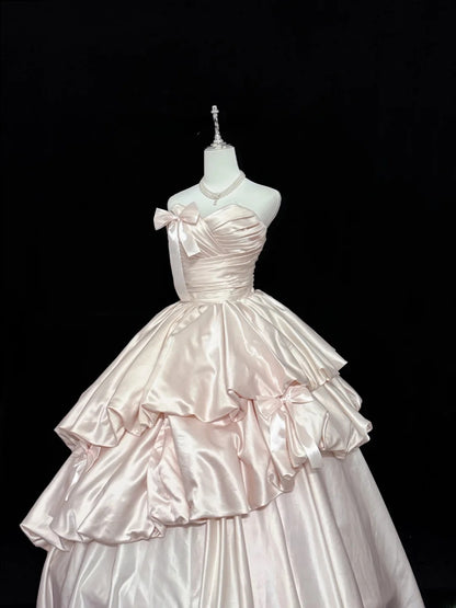 Sweet Ball Gown Sweetheart Pearl Pink Satin With Bow Quince Dress Voluminous Sweet 16 Sweet Sixteen Outfits Vestido de RB7419