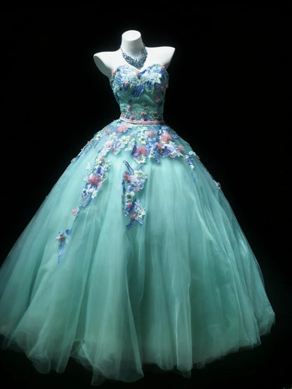 Cute Ball Gown Sweetheart Sleeveless Blue With Applique Tulle Long Quinceanera Dresses Sweet 15 16 Birthday Outfits AS048