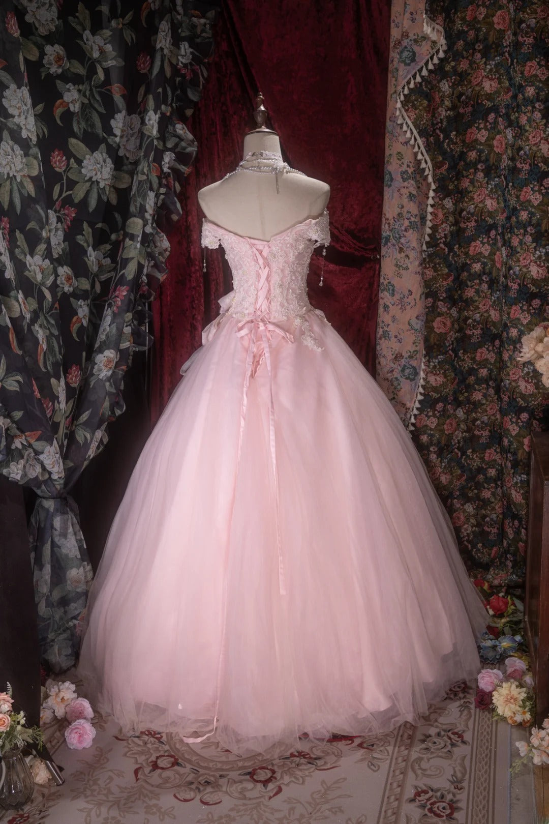 Charming Ball Gown Off The Shoulder Pink With Lace Tulle Long Quince Dress Quinceanera Dresses Formal Birthday Outfits RB8071