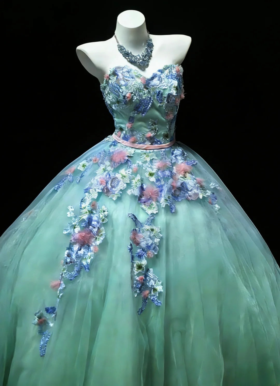 Cute Ball Gown Sweetheart Sleeveless Blue With Applique Tulle Long Quinceanera Dresses Sweet 15 16 Birthday Outfits AS048