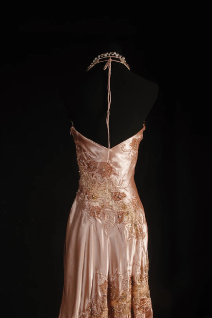 Women's Cocktail Party Gowns Mermaid Halter Blush Pink Satin Long Graduation Dinner Outfits Prom Dresses AS048