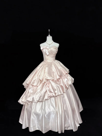 Sweet Ball Gown Sweetheart Pearl Pink Satin With Bow Quince Dress Voluminous Sweet 16 Sweet Sixteen Outfits Vestido de RB7419