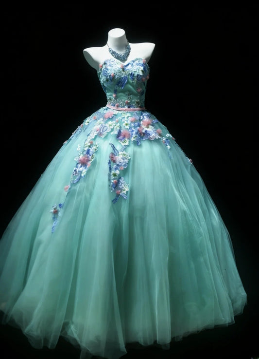 Cute Ball Gown Sweetheart Sleeveless Blue With Applique Tulle Long Quinceanera Dresses Sweet 15 16 Birthday Outfits AS048