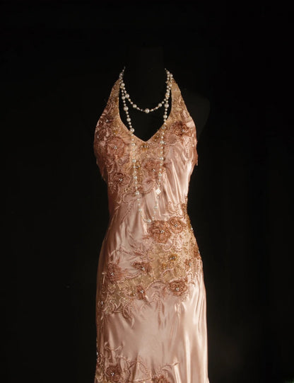 Women's Cocktail Party Gowns Mermaid Halter Blush Pink Satin Long Graduation Dinner Outfits Prom Dresses AS048