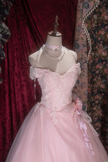 Charming Ball Gown Off The Shoulder Pink With Lace Tulle Long Quince Dress Quinceanera Dresses Formal Birthday Outfits RB8071