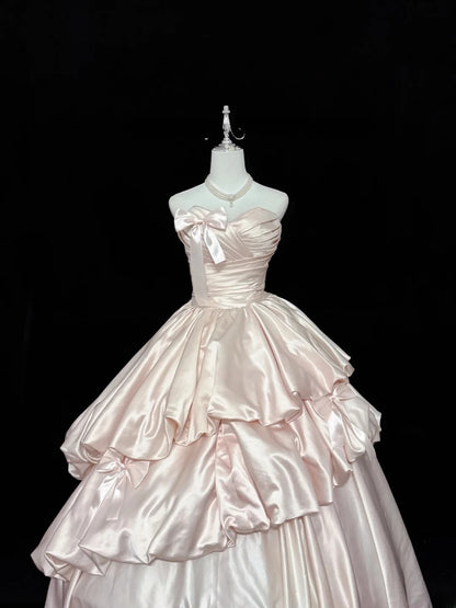 Sweet Ball Gown Sweetheart Pearl Pink Satin With Bow Quince Dress Voluminous Sweet 16 Sweet Sixteen Outfits Vestido de RB7419