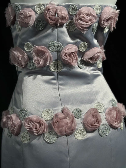 Sophisticated Prom Dresses Mermaid Strapless Gray Satin With Flowers Long Evening Formal Outfits RB5856