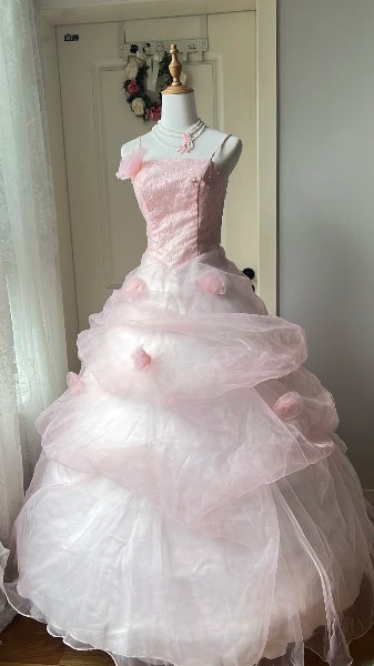 Sweet 15 Quinceanera Dress Ball Gown Spaghetti Straps Pink Tulle With Flowers Long 15th Birthday Gown RC0418