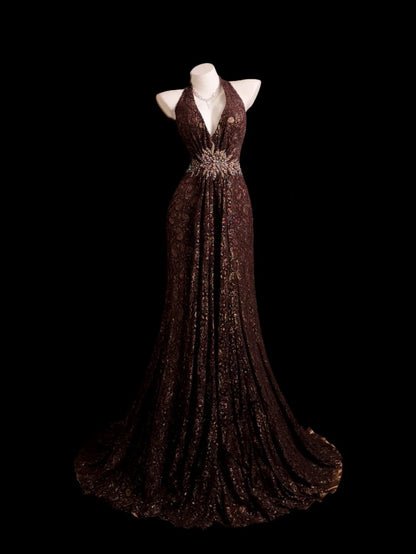 Brown Prom Dress Inspo Mermaid Halter Backless Lace Modest Long Formal Party Gown RB9851