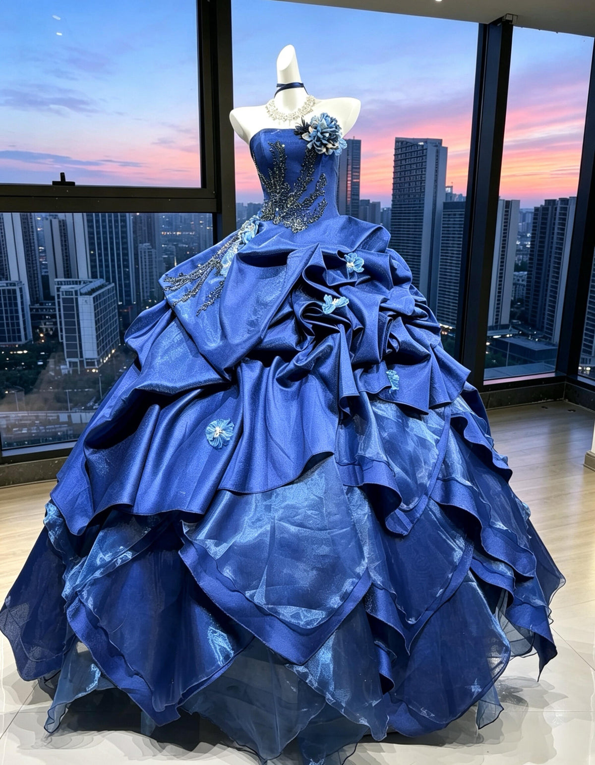 Fairy Quinceanera Dress Ball Gown Strapless Royal Blue Satin With Tiered Layers Flowers Quince Dresses RC1079
