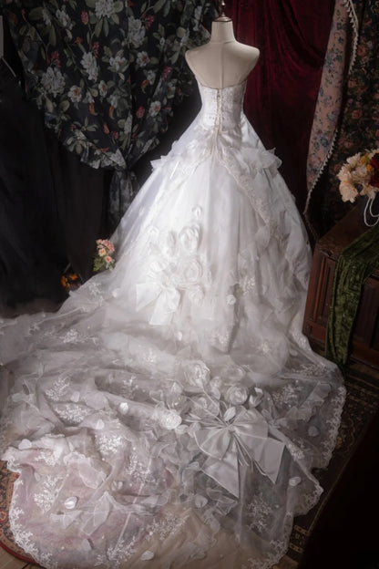 Vintage 80s Ball Gown Strapless White Satin With Flowers Long Autumn Brides Gown Bridal Dress Wedding Dresses RB8072