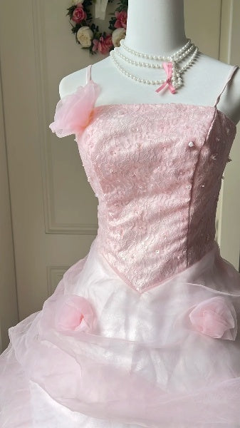 Sweet 15 Quinceanera Dress Ball Gown Spaghetti Straps Pink Tulle With Flowers Long 15th Birthday Gown RC0418