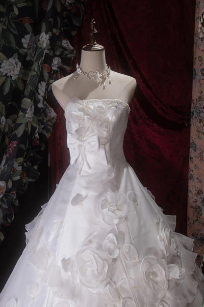Vintage 80s Ball Gown Strapless White Satin With Flowers Long Autumn Brides Gown Bridal Dress Wedding Dresses RB8072