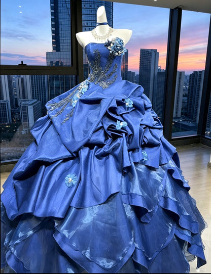Fairy Quinceanera Dress Ball Gown Strapless Royal Blue Satin With Tiered Layers Flowers Quince Dresses RC1079