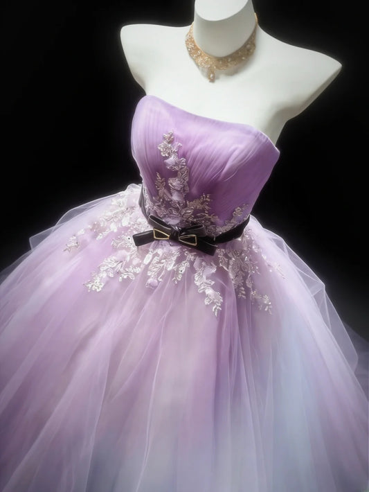Cute Ball Gown Strapless Sleeveless Lilac With Applique Tulle Long Quinceanera Dresses Sweet 15 16 Birthday Outfits AS049
