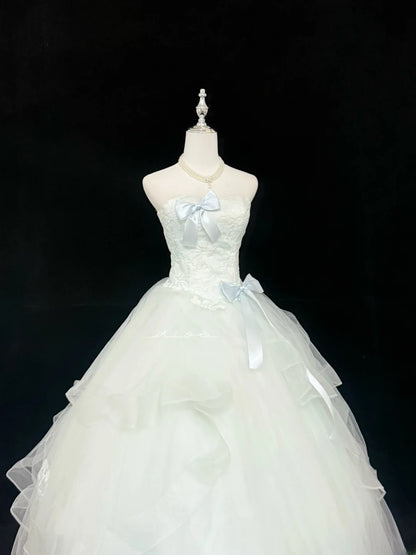 Sweet Ball Gown Strapless Mint Green Tulle With Bow Lace Quince Dress Voluminous Sweet 16 Sweet Sixteen Outfits Vestido de RB7420