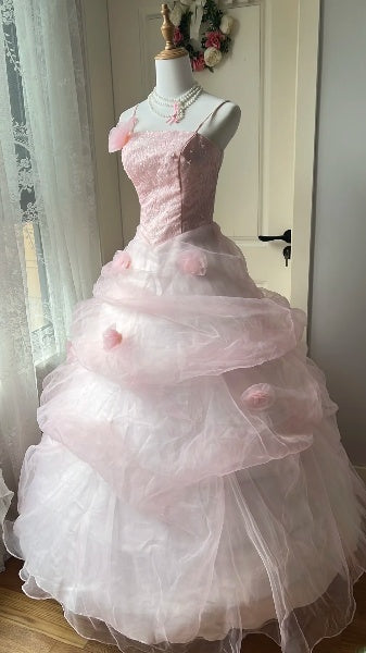 Sweet 15 Quinceanera Dress Ball Gown Spaghetti Straps Pink Tulle With Flowers Long 15th Birthday Gown RC0418