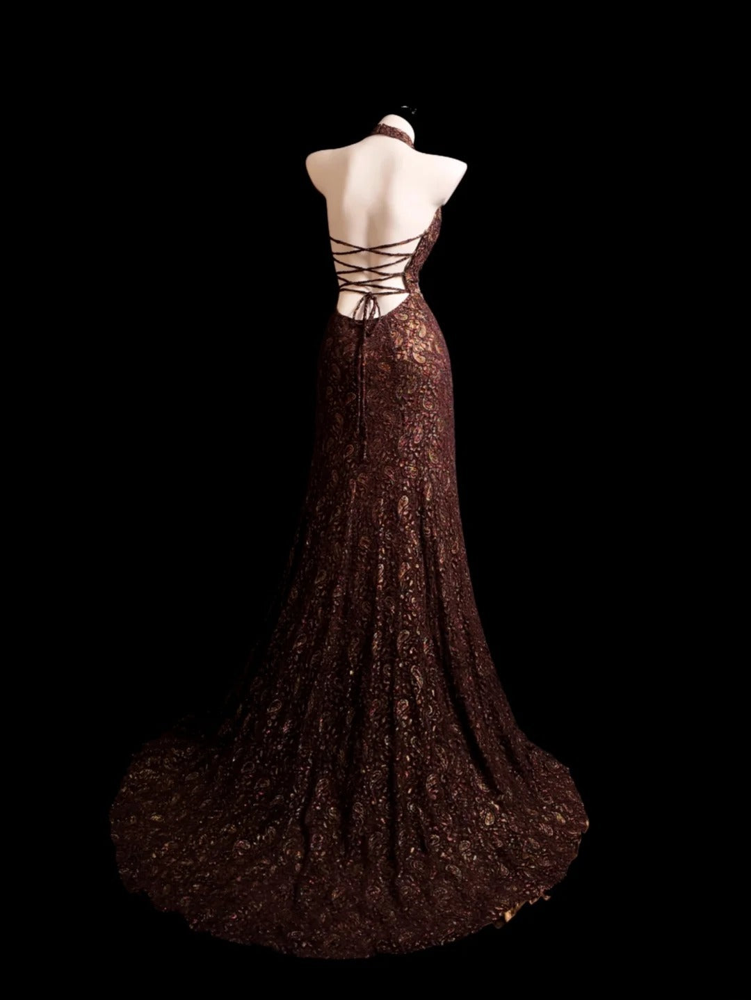 Brown Prom Dress Inspo Mermaid Halter Backless Lace Modest Long Formal Party Gown RB9851