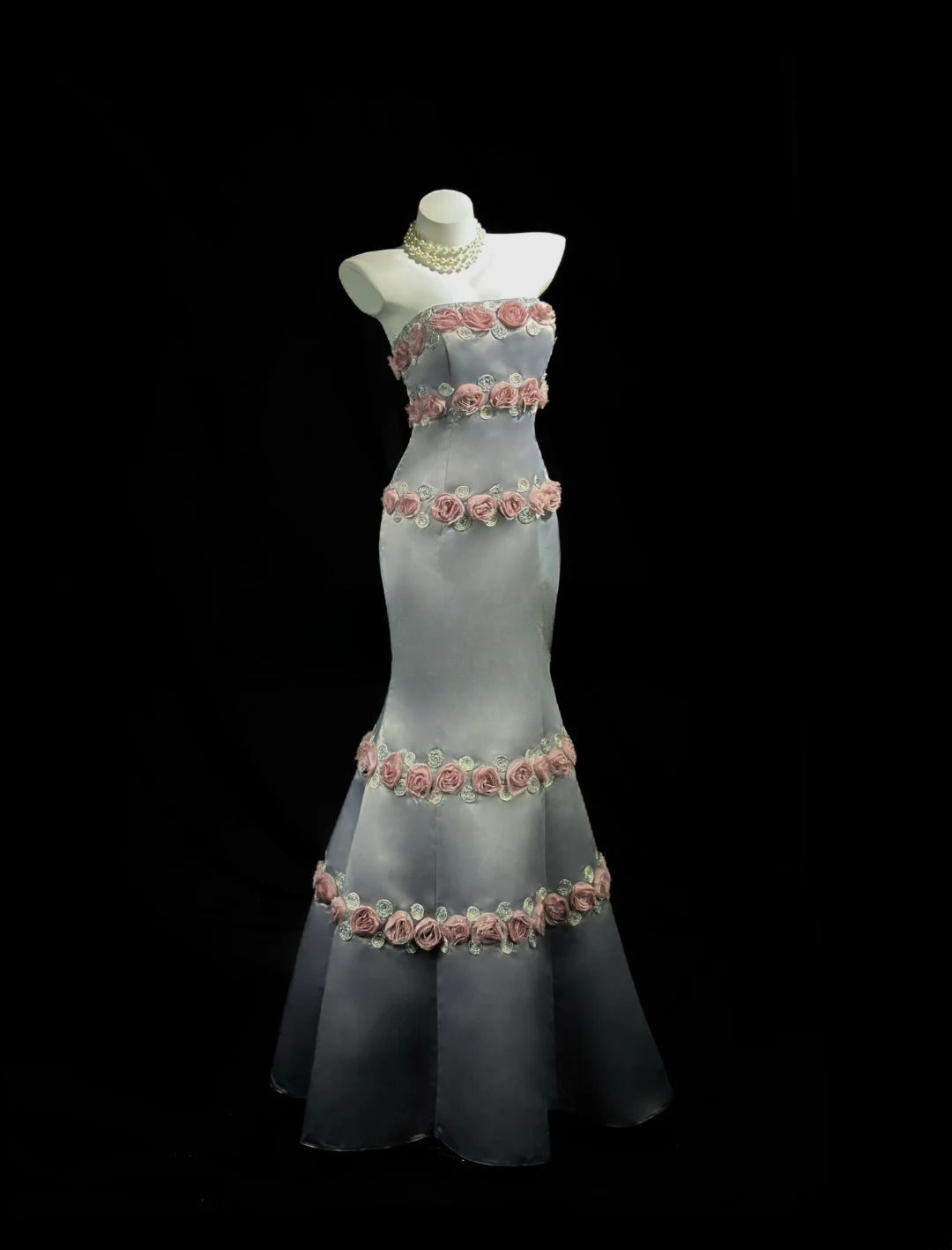 Sophisticated Prom Dresses Mermaid Strapless Gray Satin With Flowers Long Evening Formal Outfits RB5856
