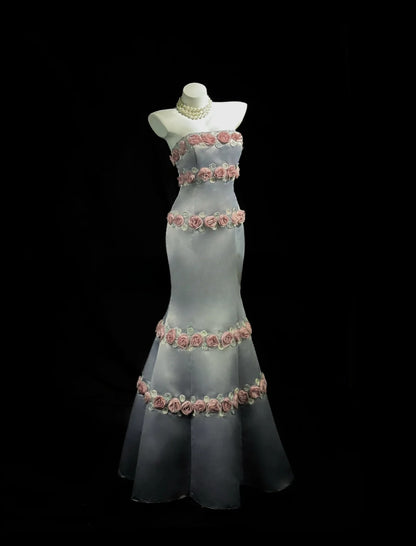 Sophisticated Prom Dresses Mermaid Strapless Gray Satin With Flowers Long Evening Formal Outfits RB5856