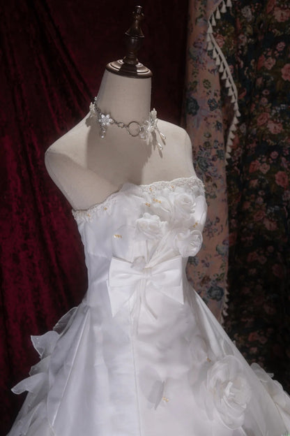 Vintage 80s Ball Gown Strapless White Satin With Flowers Long Autumn Brides Gown Bridal Dress Wedding Dresses RB8072