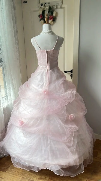 Sweet 15 Quinceanera Dress Ball Gown Spaghetti Straps Pink Tulle With Flowers Long 15th Birthday Gown RC0418
