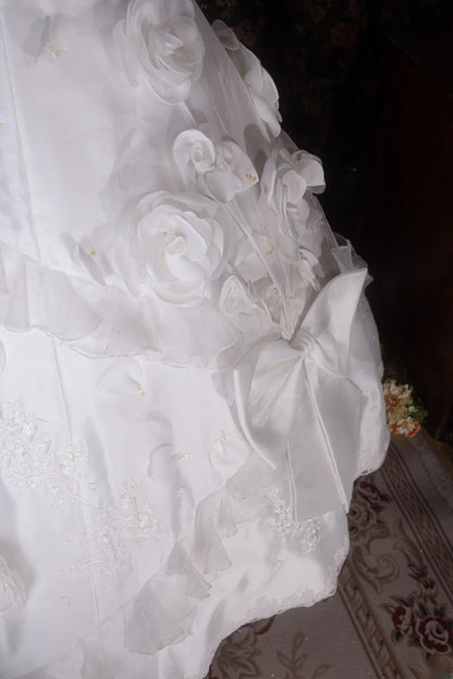 Vintage 80s Ball Gown Strapless White Satin With Flowers Long Autumn Brides Gown Bridal Dress Wedding Dresses RB8072
