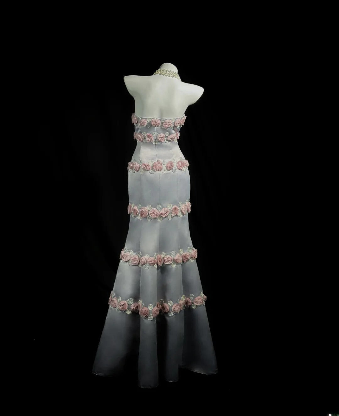Sophisticated Prom Dresses Mermaid Strapless Gray Satin With Flowers Long Evening Formal Outfits RB5856