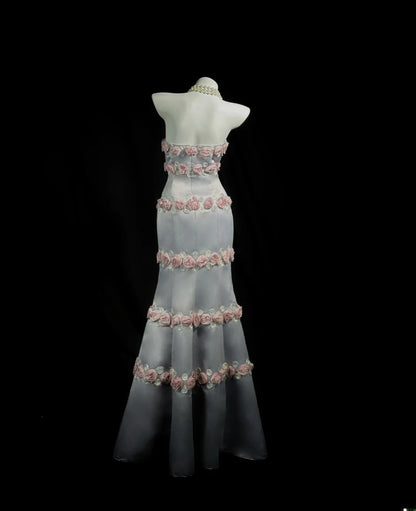 Sophisticated Prom Dresses Mermaid Strapless Gray Satin With Flowers Long Evening Formal Outfits RB5856