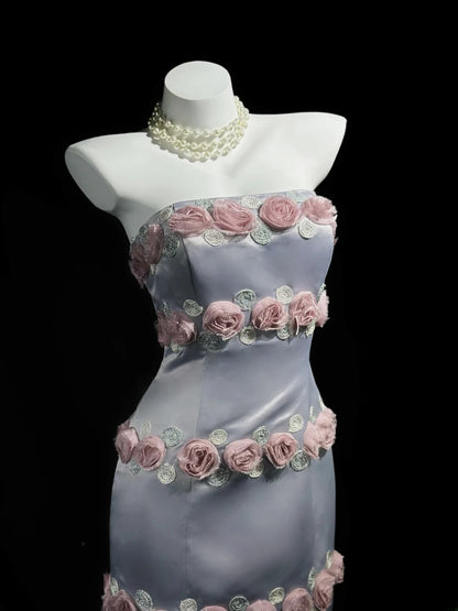 Sophisticated Prom Dresses Mermaid Strapless Gray Satin With Flowers Long Evening Formal Outfits RB5856