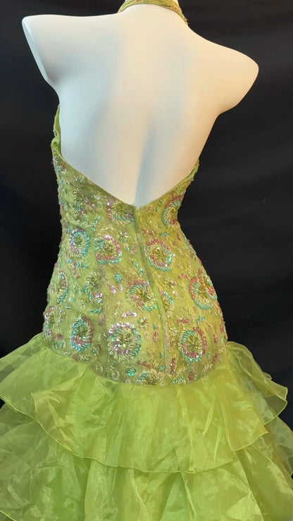 Vintage Prom Dresses High Low Green Halter With Beading Ruffles Long Evening Formal Outfits RB3451