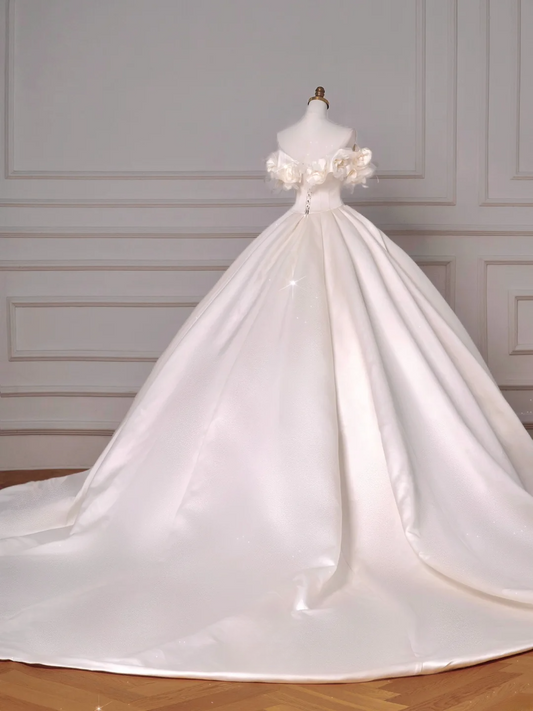 Timeless Wedding Dresses Ball Gown Off The Shoulder Satin Ruffles Brides Dress Style For Brides With Pleated Corset Fitted Long Bridal Gowns AQ050