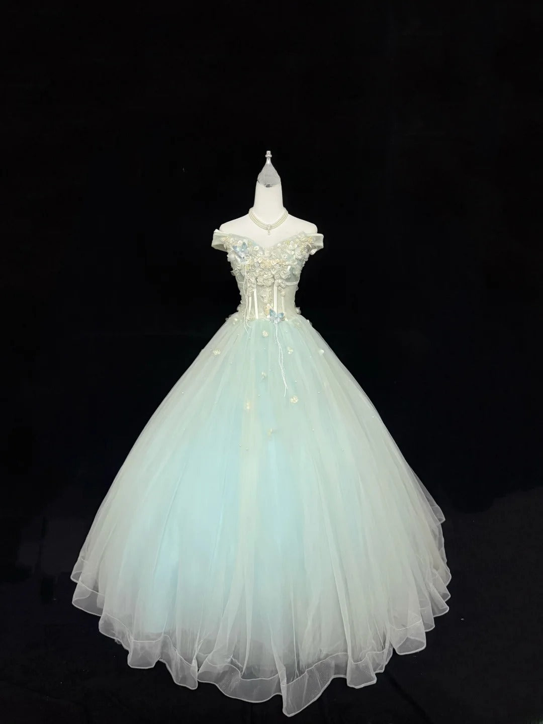 Classy Ball Gown Off The Shoulder Mint Green Tulle With Appliqued Quince Dress Voluminous Sweet 16 Quinceanera Dresses Vestido de RB7421