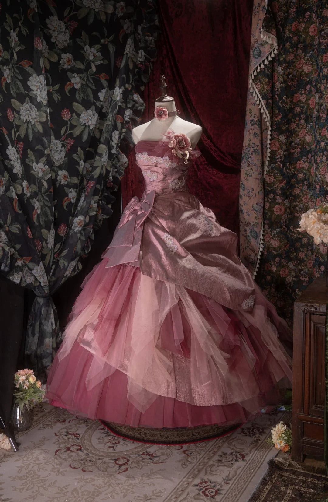 Elegant Ball Gown Strapless Pink With Lace Tulle Taffeta Long Quince Dress Quinceanera Dresses Formal Birthday Outfits RB8073