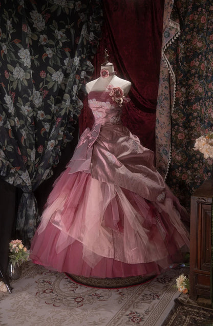Elegant Ball Gown Strapless Pink With Lace Tulle Taffeta Long Quince Dress Quinceanera Dresses Formal Birthday Outfits RB8073
