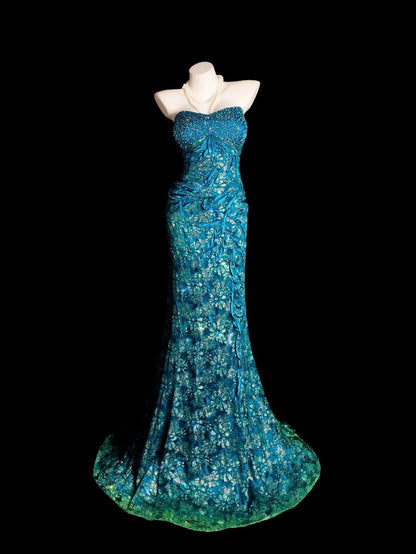 Lace Prom Dress Inspo Mermaid Sweetheart Blue Lace Modest With Beading Formal Party Gown RB9852