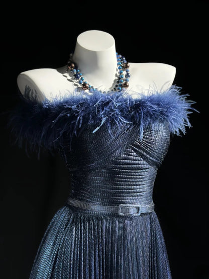 Classy Prom Dresses A line Off The Shoulder Navy Blue Tulle With Feathers Evening Dress Formal Outfits RB5857