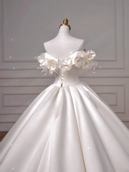 Timeless Wedding Dresses Ball Gown Off The Shoulder Satin Ruffles Brides Dress Style For Brides With Pleated Corset Fitted Long Bridal Gowns AQ050