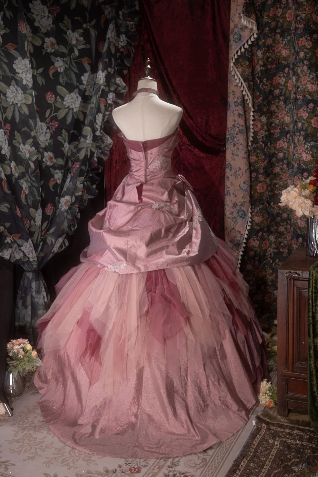 Elegant Ball Gown Strapless Pink With Lace Tulle Taffeta Long Quince Dress Quinceanera Dresses Formal Birthday Outfits RB8073