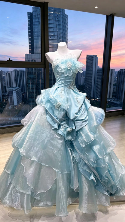 Fairy Quinceanera Dress Ball Gown Strapless Light Blue Satin With Tiered Layers Flowers Quince Dresses RC1080