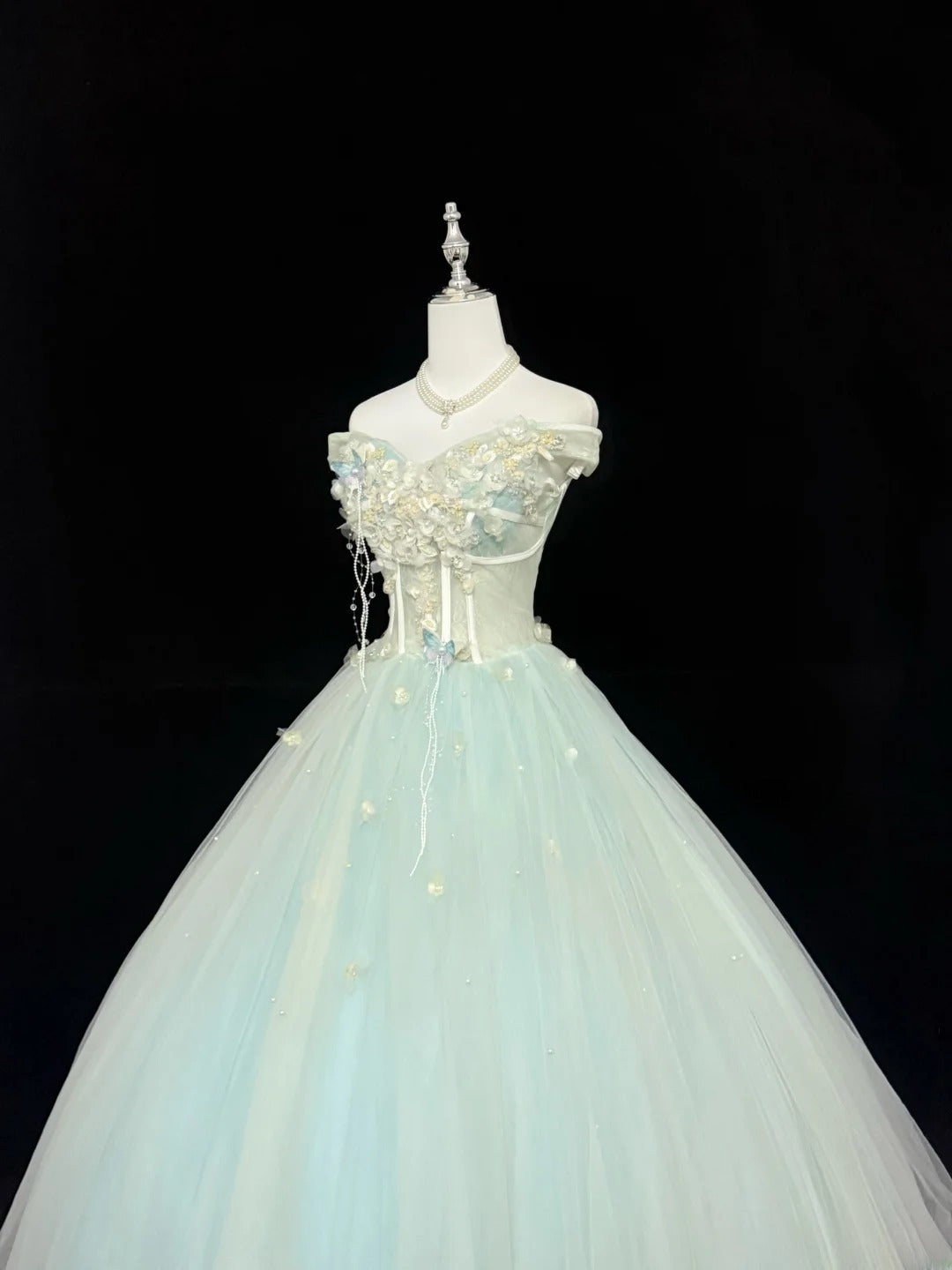 Classy Ball Gown Off The Shoulder Mint Green Tulle With Appliqued Quince Dress Voluminous Sweet 16 Quinceanera Dresses Vestido de RB7421