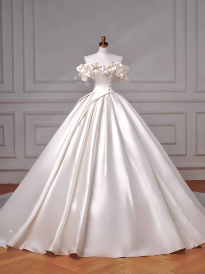 Timeless Wedding Dresses Ball Gown Off The Shoulder Satin Ruffles Brides Dress Style For Brides With Pleated Corset Fitted Long Bridal Gowns AQ050