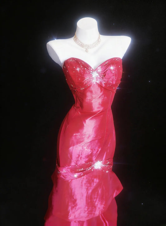 Retro Classy Mermaid Sweetheart Red Satin Sleeveless For Women Long Prom Dresses Senior High School 21st Birthday Outfits AS050