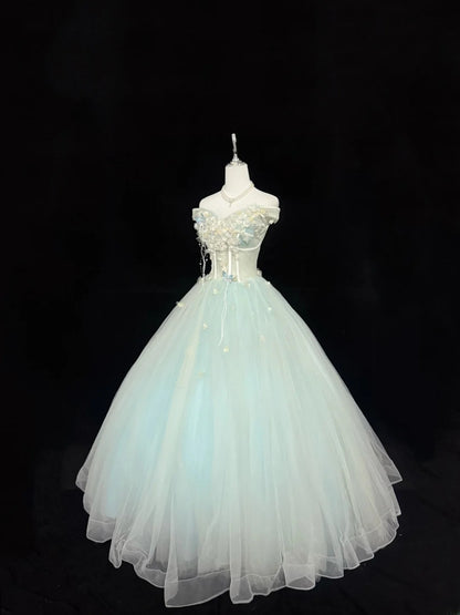 Classy Ball Gown Off The Shoulder Mint Green Tulle With Appliqued Quince Dress Voluminous Sweet 16 Quinceanera Dresses Vestido de RB7421