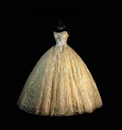 Princess Ball Gown Strapless Gold Sequin Long Quinceañera Dress Moda 2000 15 Quinceanera Dresses Ideas Sweet 16 Outfits RB6942