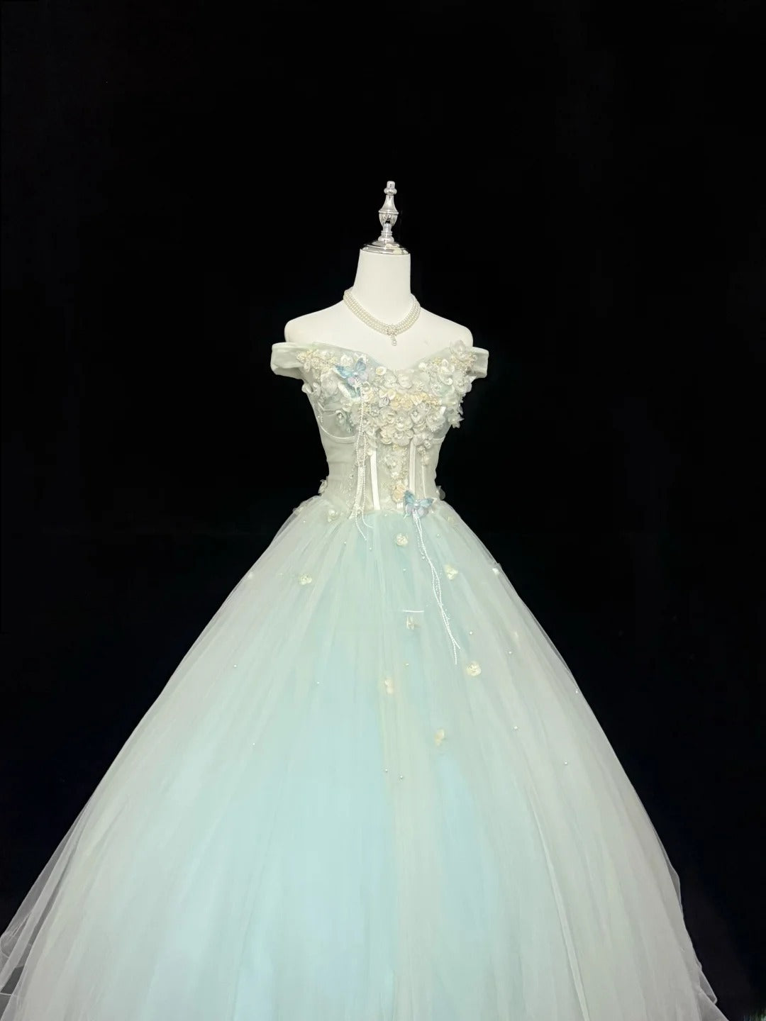 Classy Ball Gown Off The Shoulder Mint Green Tulle With Appliqued Quince Dress Voluminous Sweet 16 Quinceanera Dresses Vestido de RB7421