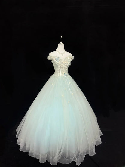 Classy Ball Gown Off The Shoulder Mint Green Tulle With Appliqued Quince Dress Voluminous Sweet 16 Quinceanera Dresses Vestido de RB7421