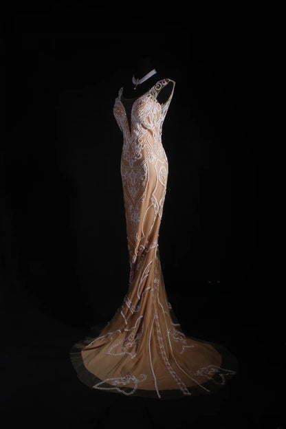 Vintage Mermaid Scoop Long Party Dress Tulle With Lace Inspo Champagne Floor Length Prom Dress AS050