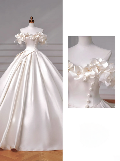Timeless Wedding Dresses Ball Gown Off The Shoulder Satin Ruffles Brides Dress Style For Brides With Pleated Corset Fitted Long Bridal Gowns AQ050