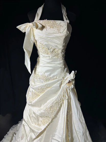 Timeless Long Wedding Gowns 70s Ideas Classy Halter Dresses Mermaid Bohemian Style for Bride With Lace Fitted Beaded Petite/Plus Size Bridal Gown AS050